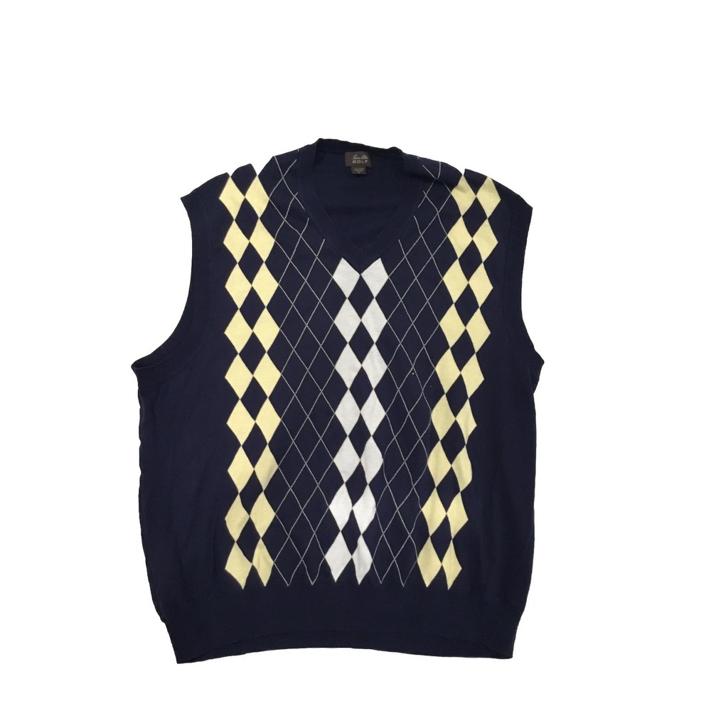Tasso Ella Golf Men's Sweater Vest Sz L Navy Blue Yellow Argyle V Neck